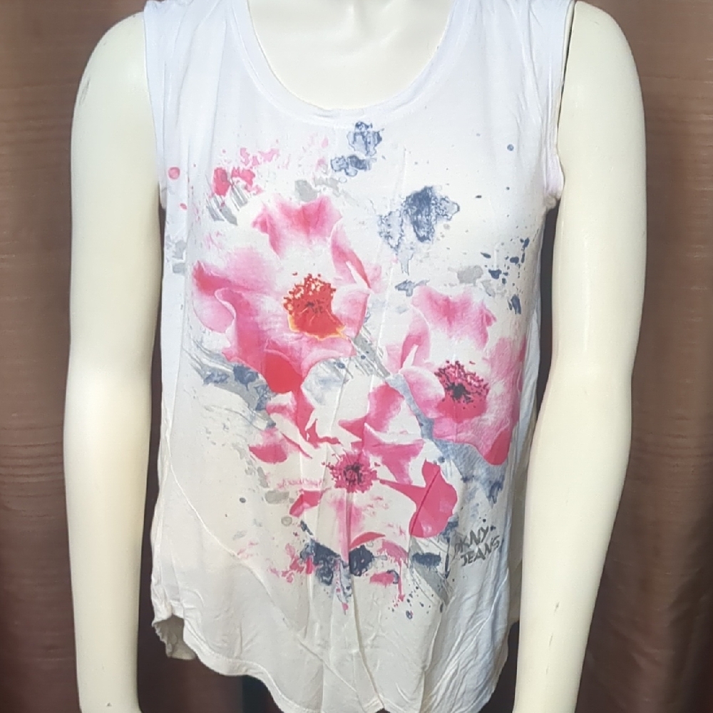 DKNY White Tank with Pink Floral Graphic